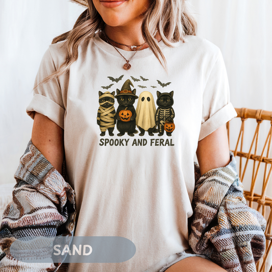 Spooky and Feral Halloween Black Cat Shirt – Cute Ghost, Witch, Skeleton & Mummy Cat Graphic Tee – Funny Spooky Season Cat Lover Gift