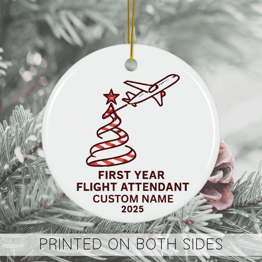 Custom flight attendant holiday ornament for first year celebrating aviation journey, includes personalized name.