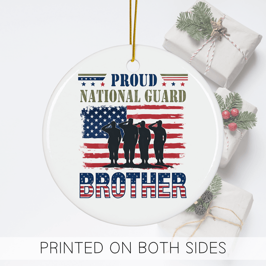 Proud National Guard Brother holiday ornament featuring saluting soldiers and American flag design.