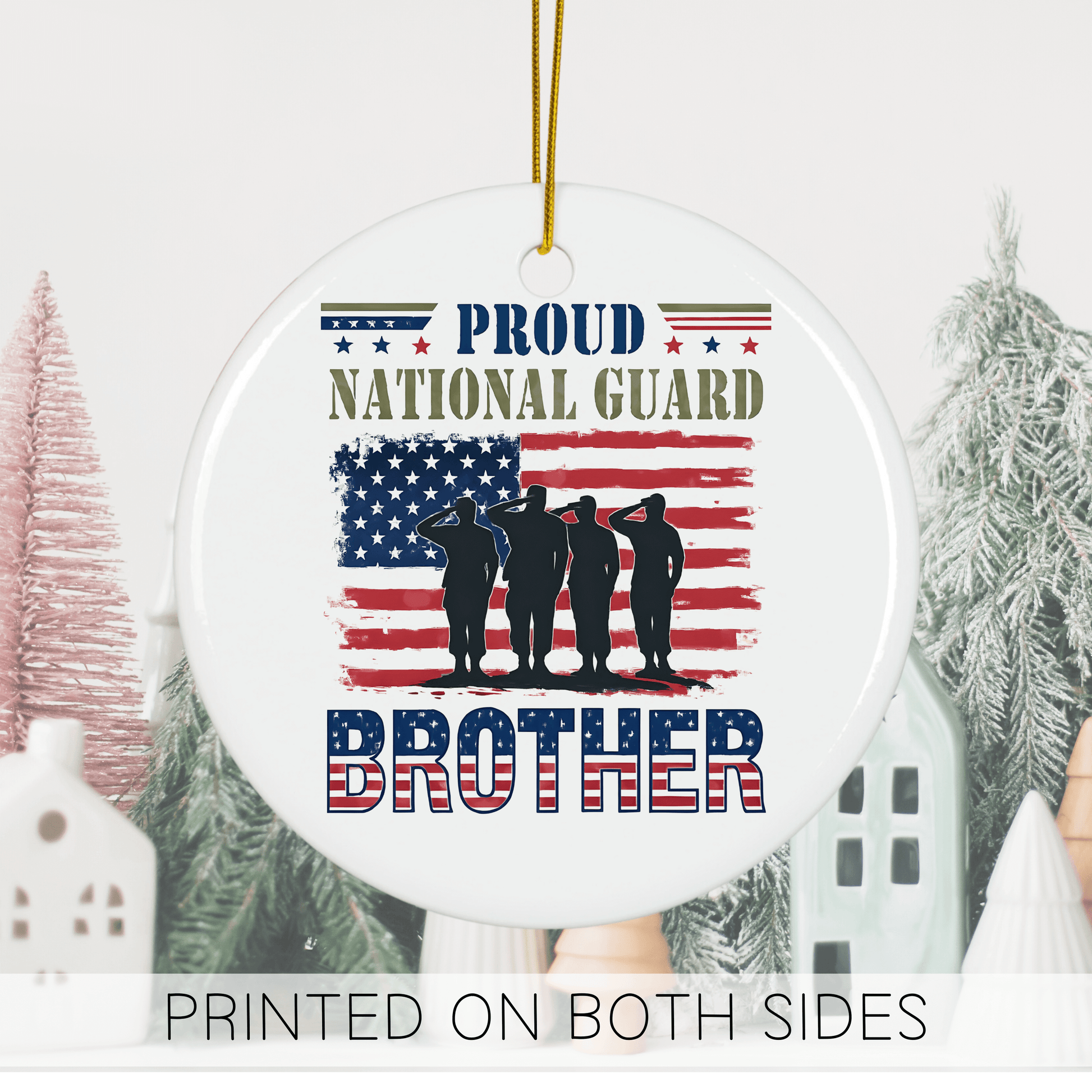 Proud National Guard Brother holiday ornament featuring saluting soldiers and American flag design.