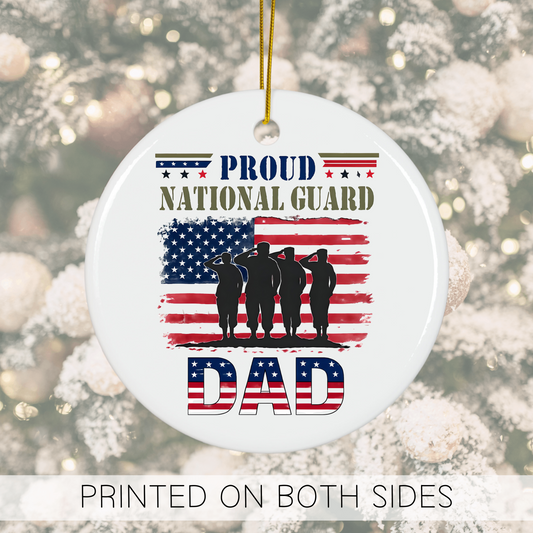 Military dad holiday ornament celebrating Proud National Guard with American flag design.