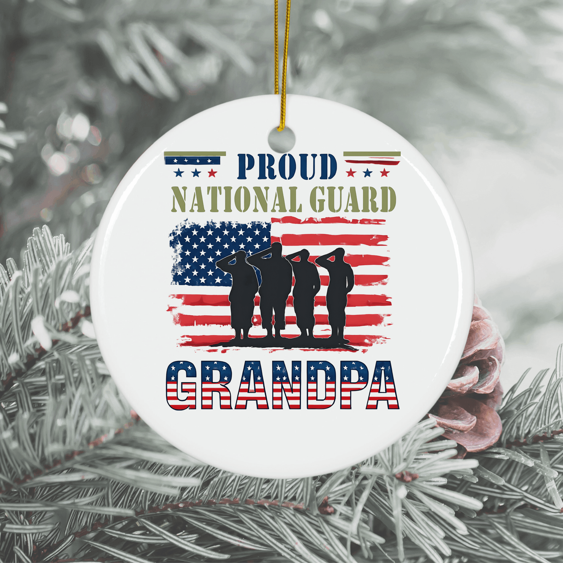 Proud Grandpa 2025 holiday ornament featuring National Guard theme, perfect keepsake for grandfathers.