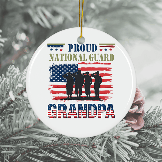 Proud Grandpa 2025 holiday ornament featuring National Guard theme, perfect keepsake for grandfathers.
