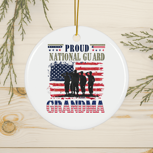 Proud Guard Grandma ornament featuring soldiers and an American flag design, perfect for military families.