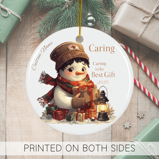 Personalized Nurse Ornament 2025 featuring a cute snowman holding gifts, celebrating caring this Christmas.