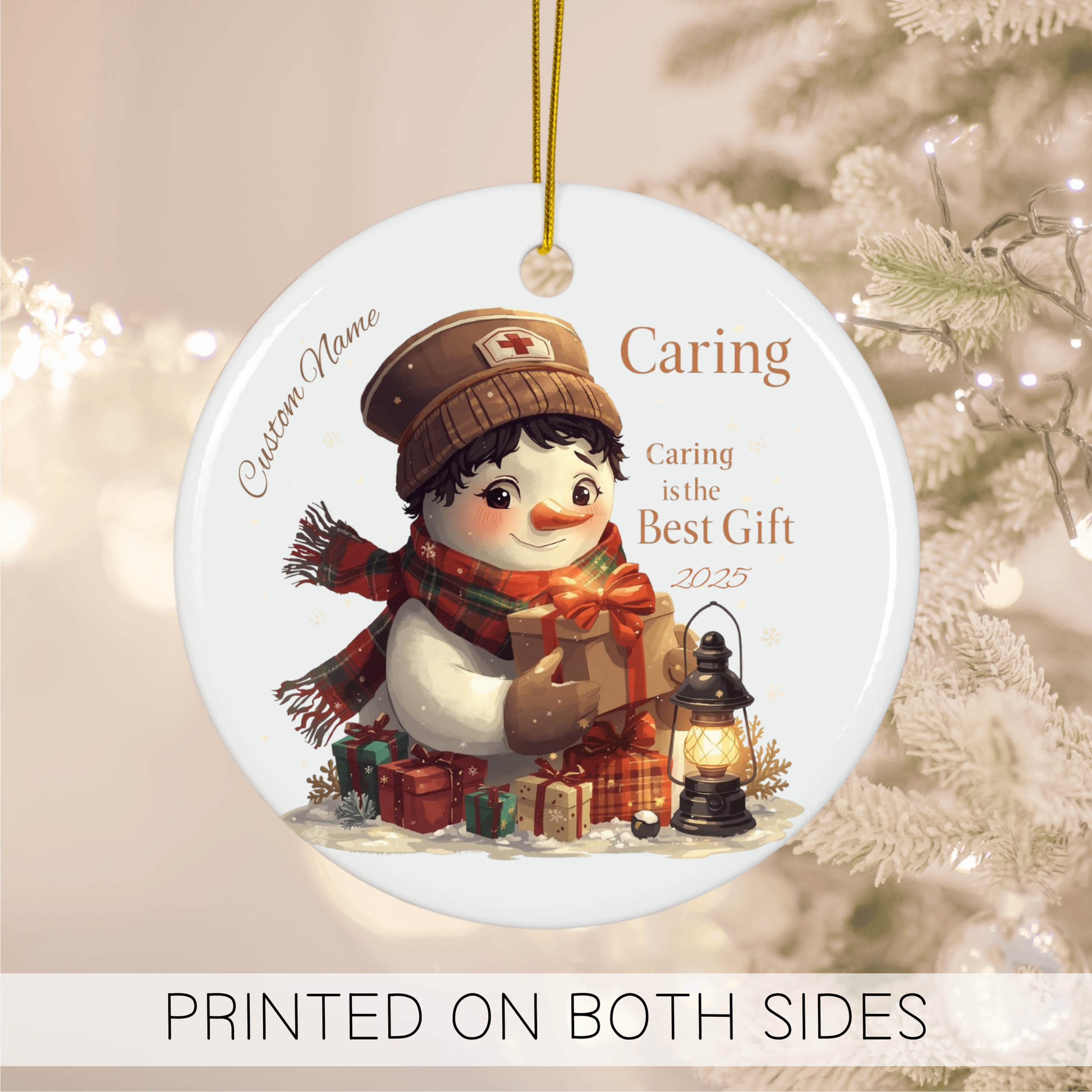 Personalized Nurse Ornament 2025 featuring a cute snowman holding gifts, celebrating caring this Christmas.