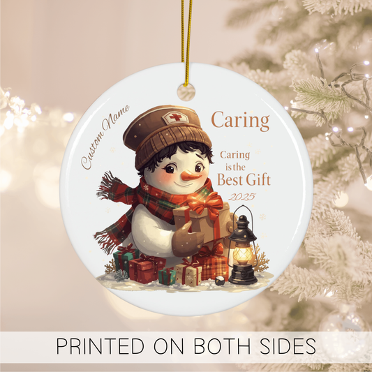 Personalized Nurse Ornament 2025 featuring a cute snowman holding gifts, celebrating caring this Christmas.