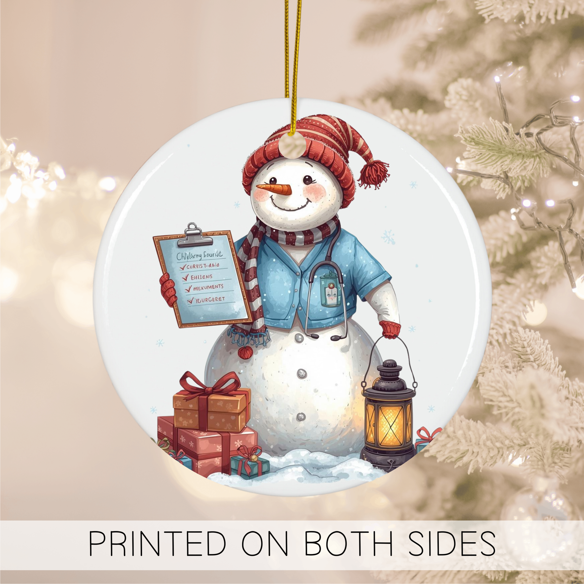 Snowman Nurse Christmas ornament with a clipboard, lantern, and gifts, celebrating the holiday season with a nursing theme.