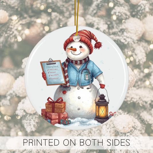 Snowman Nurse Christmas ornament with a clipboard, lantern, and gifts, celebrating the holiday season with a nursing theme.