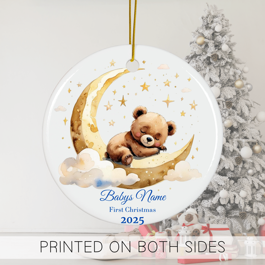 Custom Baby’s First Christmas Ornament 2025 – Personalized Sleeping Bear on Moon Keepsake – Baby Name Ornament, New Parent Gift