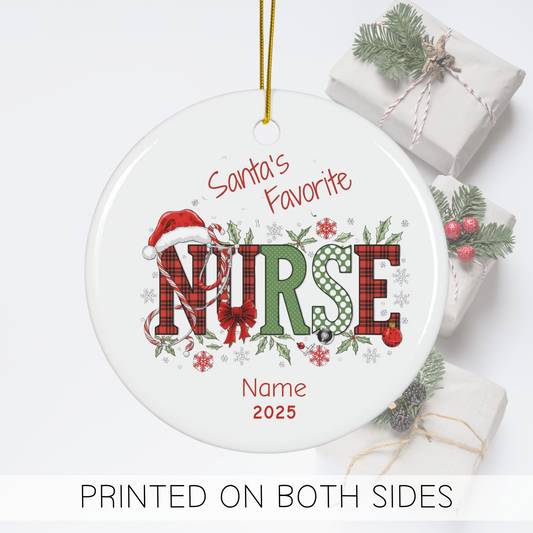 Personalized Nurse Christmas ornament with Santa hat, festive design, and customizable name for 2025.