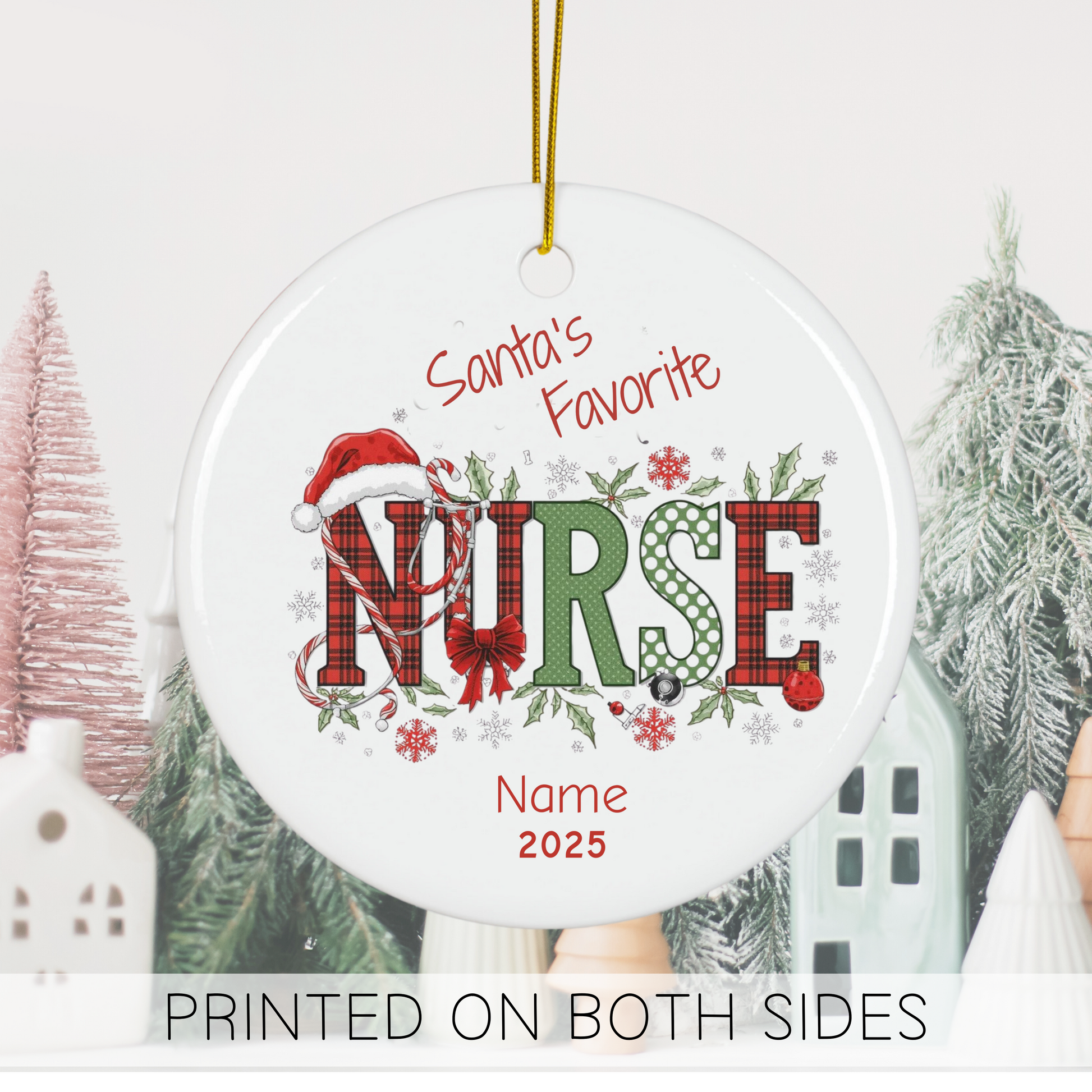 Personalized Nurse Christmas ornament with Santa hat, festive design, and customizable name for 2025.