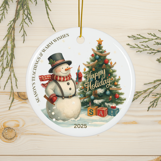Custom snowman teacher ornament with Christmas tree, 'Happy Holidays' text, 2025 design, festive gift for educators.