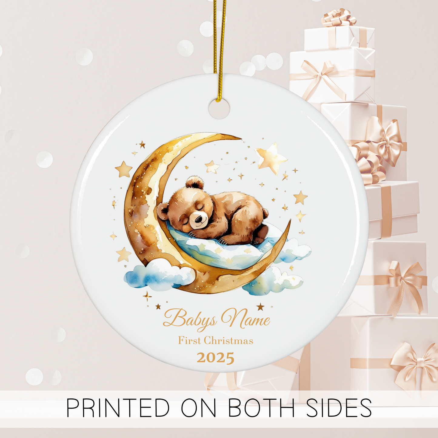 Custom Baby’s First Christmas Ornament 2025 – Personalized Sleeping Bear on Moon Keepsake – Baby Name Ornament, New Parent Gift