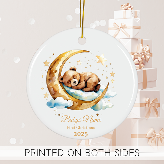 Custom Baby’s First Christmas Ornament 2025 – Personalized Sleeping Bear on Moon Keepsake – Baby Name Ornament, New Parent Gift