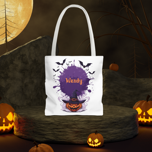 Custom Kids Halloween Trick or Treat Bag – Personalized Pumpkin Witch Hat Candy Tote – Children’s Halloween Gift, Reusable Candy Bag