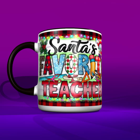 Santas Favorite Teacher Multi Color Mug, Favorite Teacher, Custom Teacher Mug, Retro Santa Mug, Teacher Holiday Gift